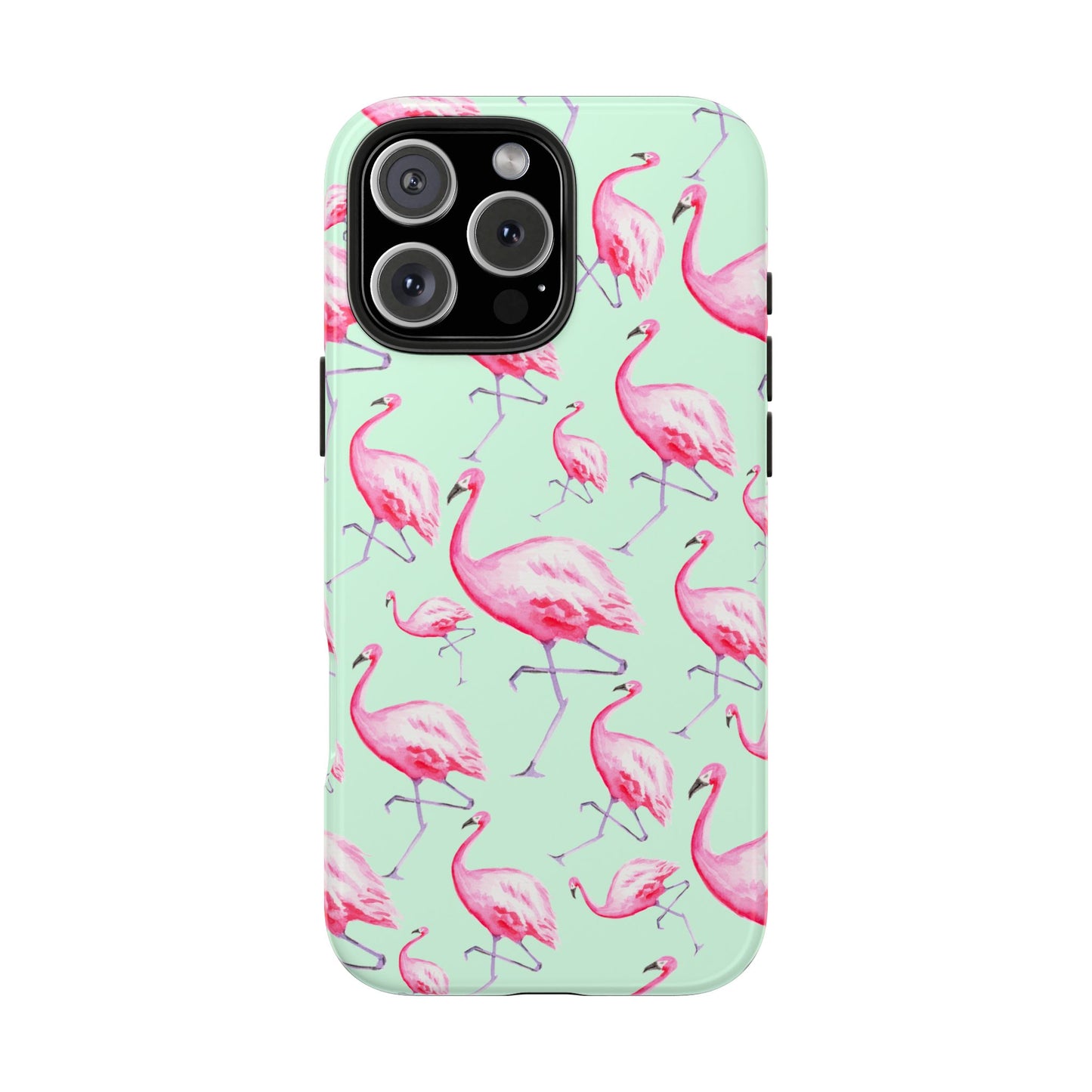 Pink Flamingos Watercolor Illustrated Tossed Pattern Green Phone Case | Various Models iPhone 16 Pro Max