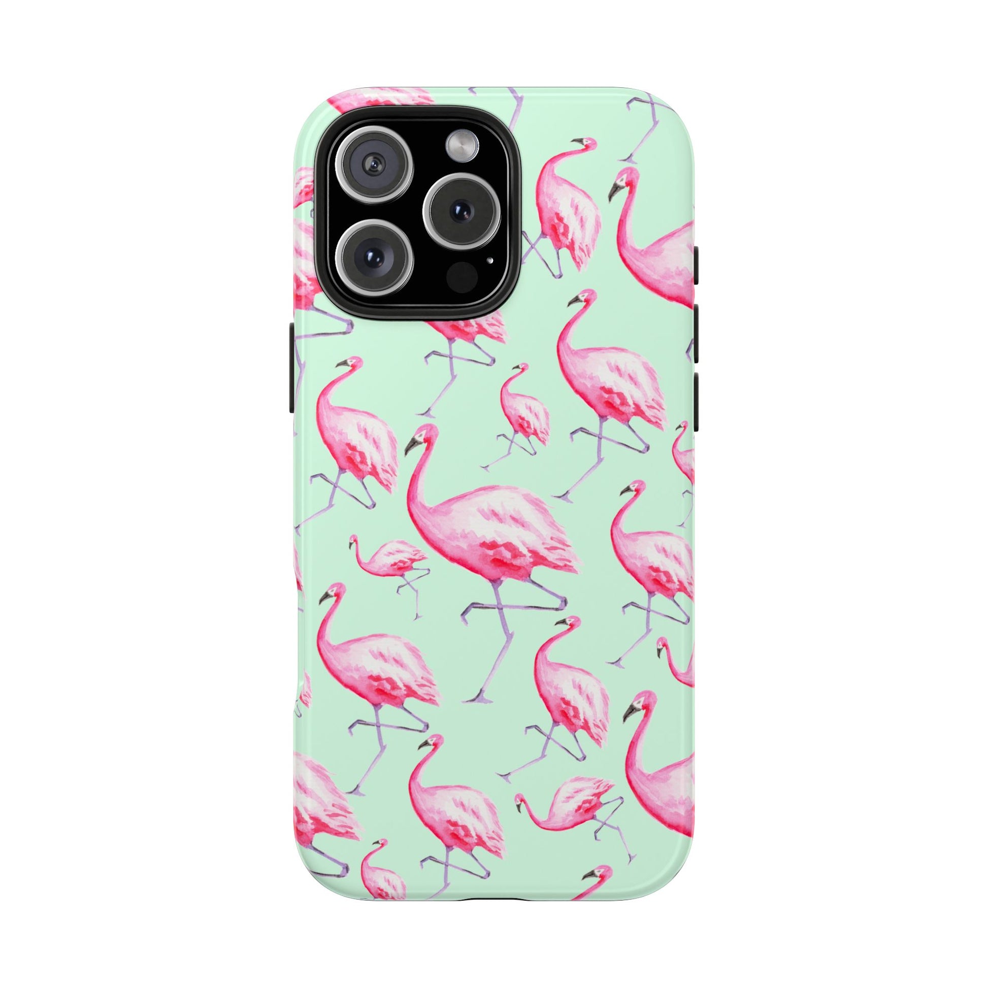Pink Flamingos Watercolor Illustrated Tossed Pattern Green Phone Case | Various Models iPhone 16 Pro Max