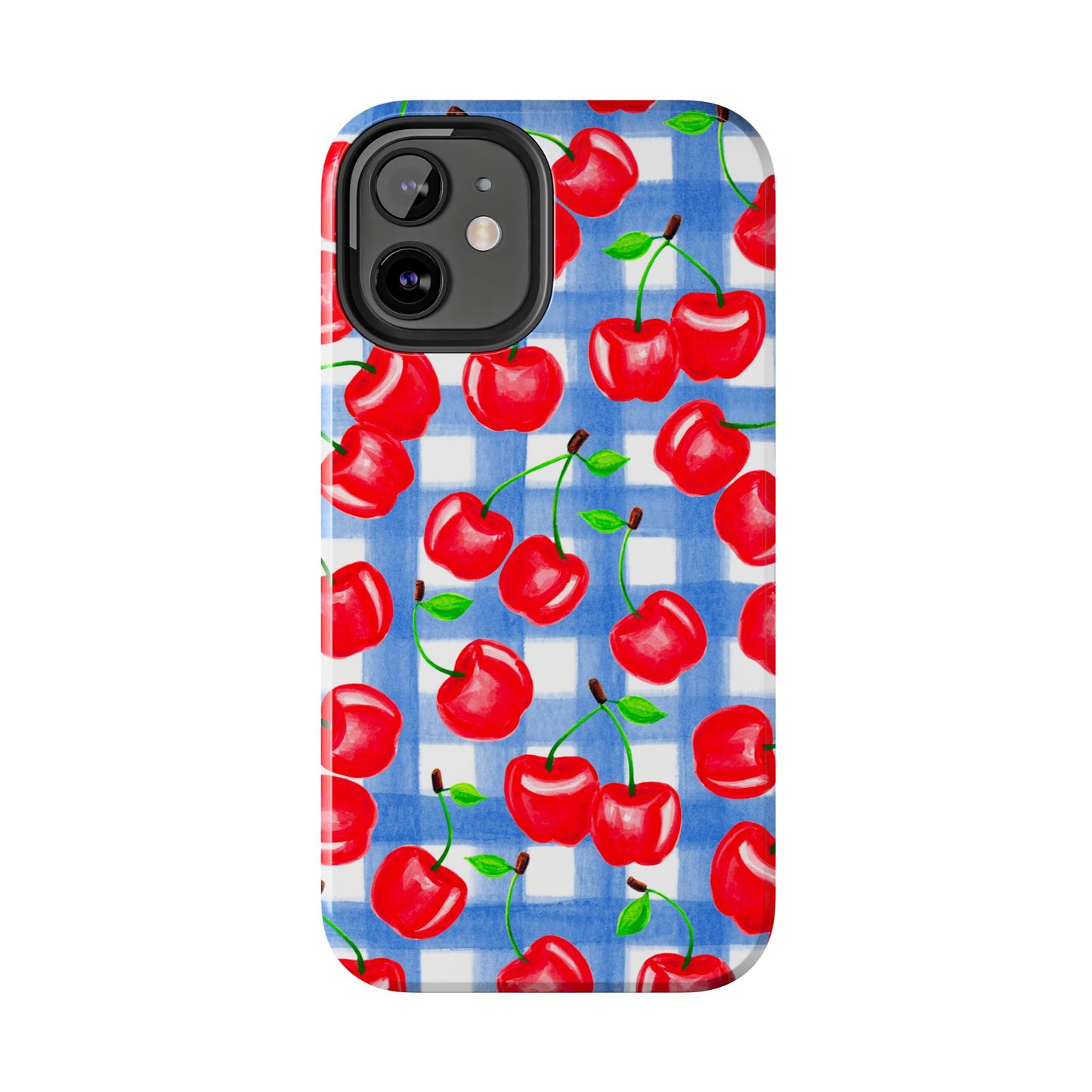 Tossed Red Cherries Blue Gingham Checkered Watercolor Illustrated Tough Phone Case | Various Models