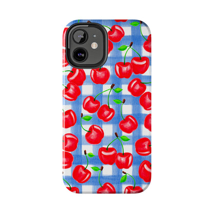 Tossed Red Cherries Blue Gingham Checkered Watercolor Illustrated Tough Phone Case | Various Models