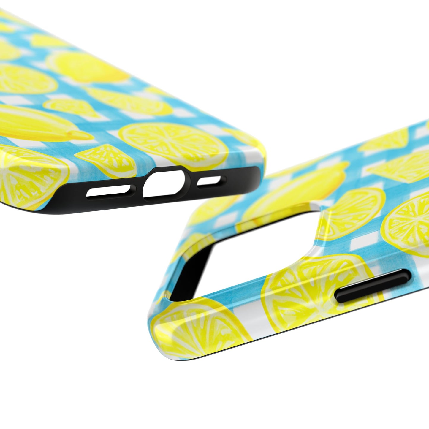 Bright Yellow Lemons Watercolor Illustrated Tossed Pattern Turquoise Gingham Tough Phone Case | Various Models