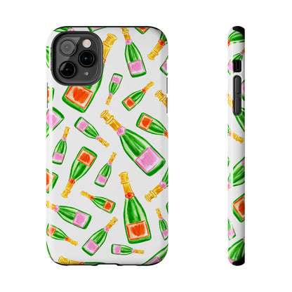 Tossed Pink and Green & Orange and Green Watercolor Illustrated Champagne Bottles Pattern Tough Phone Case | Various Models