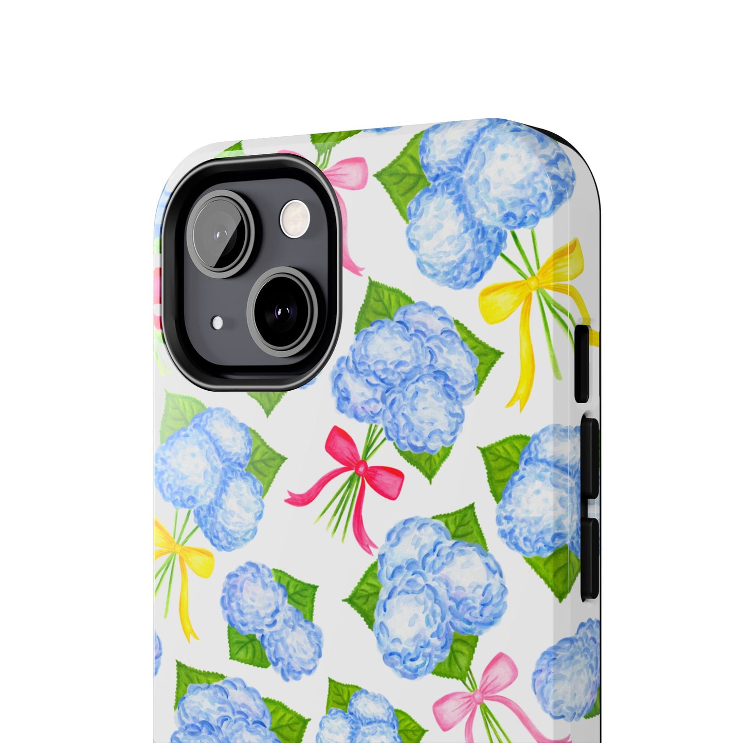 Blue Watercolor Hydrangea Bunches with Hot Pink, Yellow, Light Pink Bows Illustrated Patterned Tough Phone Case | Various Models