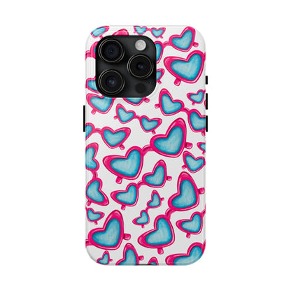 Pink & Blue Heart Shaped Sunglasses Watercolor Illustrated Tossed Pattern Tough Case | Various Models iPhone 15 Pro