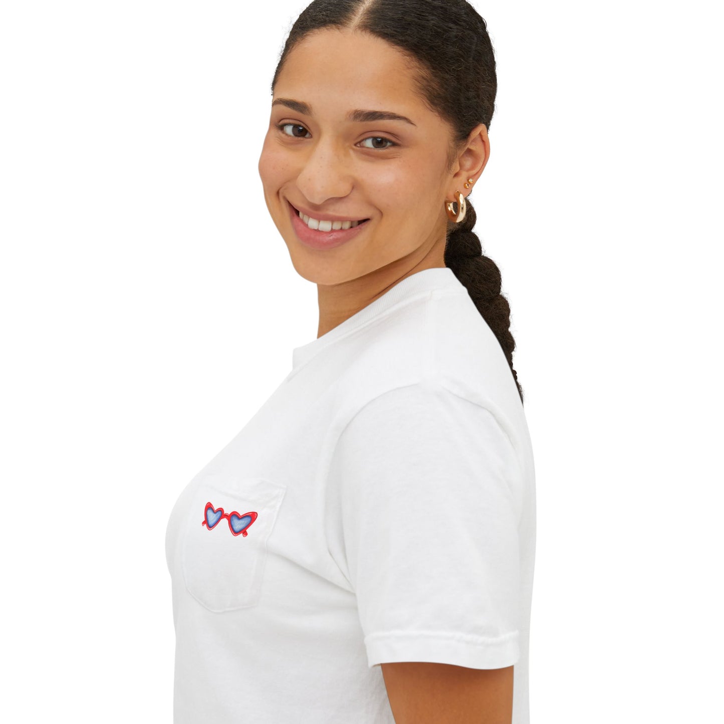 Red White & Blue Heart Shaped Glasses Printed Unisex Garment-Dyed Pocket T-Shirt