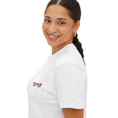 Red White & Blue Heart Shaped Glasses Printed Unisex Garment-Dyed Pocket T-Shirt