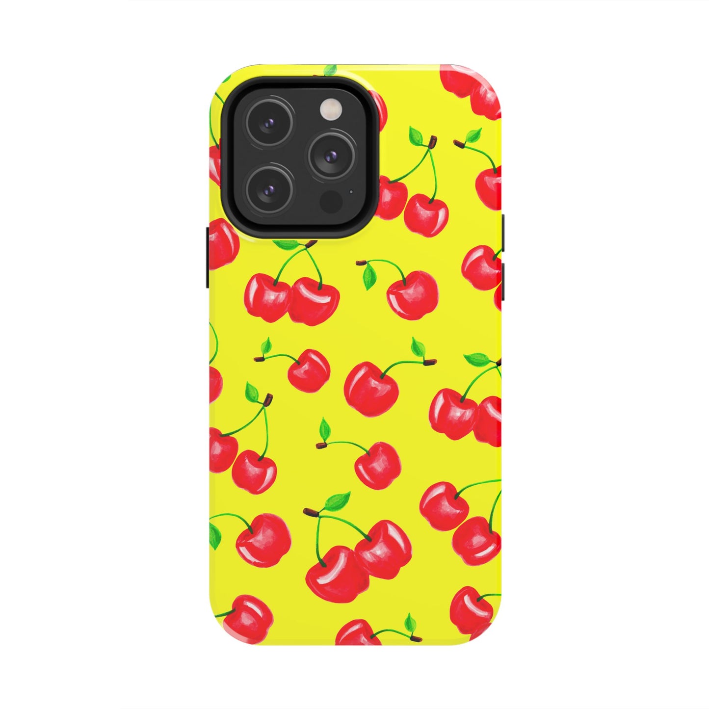 Tossed Red Watercolor Cherries Illustrated Pattern Bright Yellow Tough Phone Case | Various Models