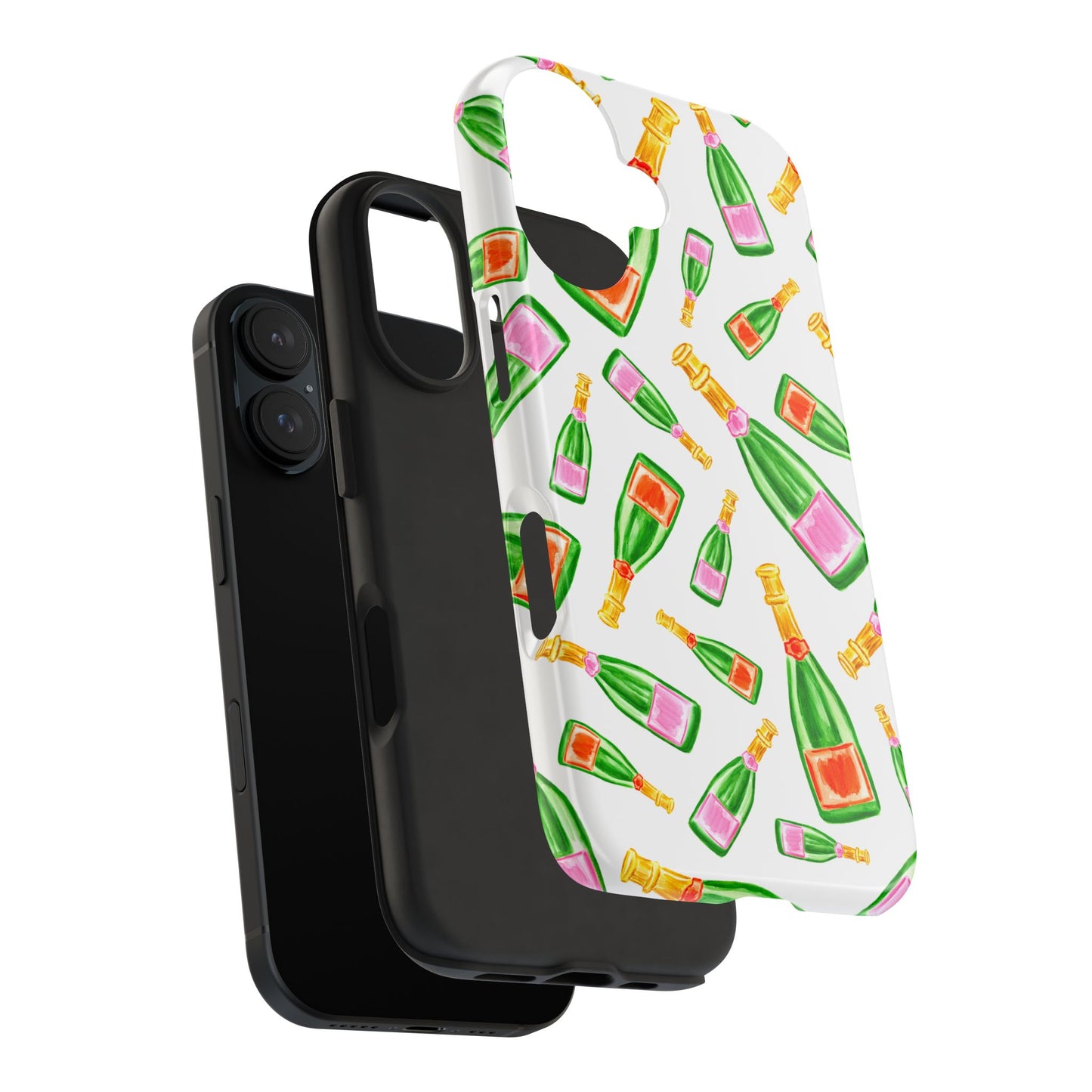 Tossed Pink and Green & Orange and Green Watercolor Illustrated Champagne Bottles Pattern Tough Phone Case | Various Models