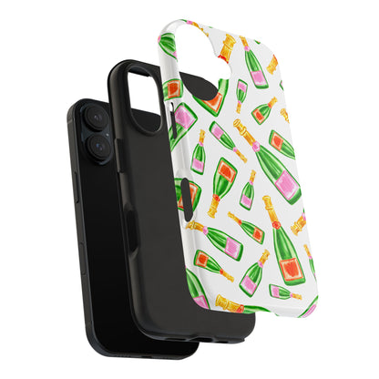 Tossed Pink and Green & Orange and Green Watercolor Illustrated Champagne Bottles Pattern Tough Phone Case | Various Models