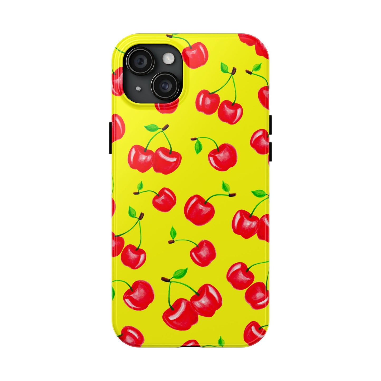 Tossed Red Watercolor Cherries Illustrated Pattern Bright Yellow Tough Phone Case | Various Models