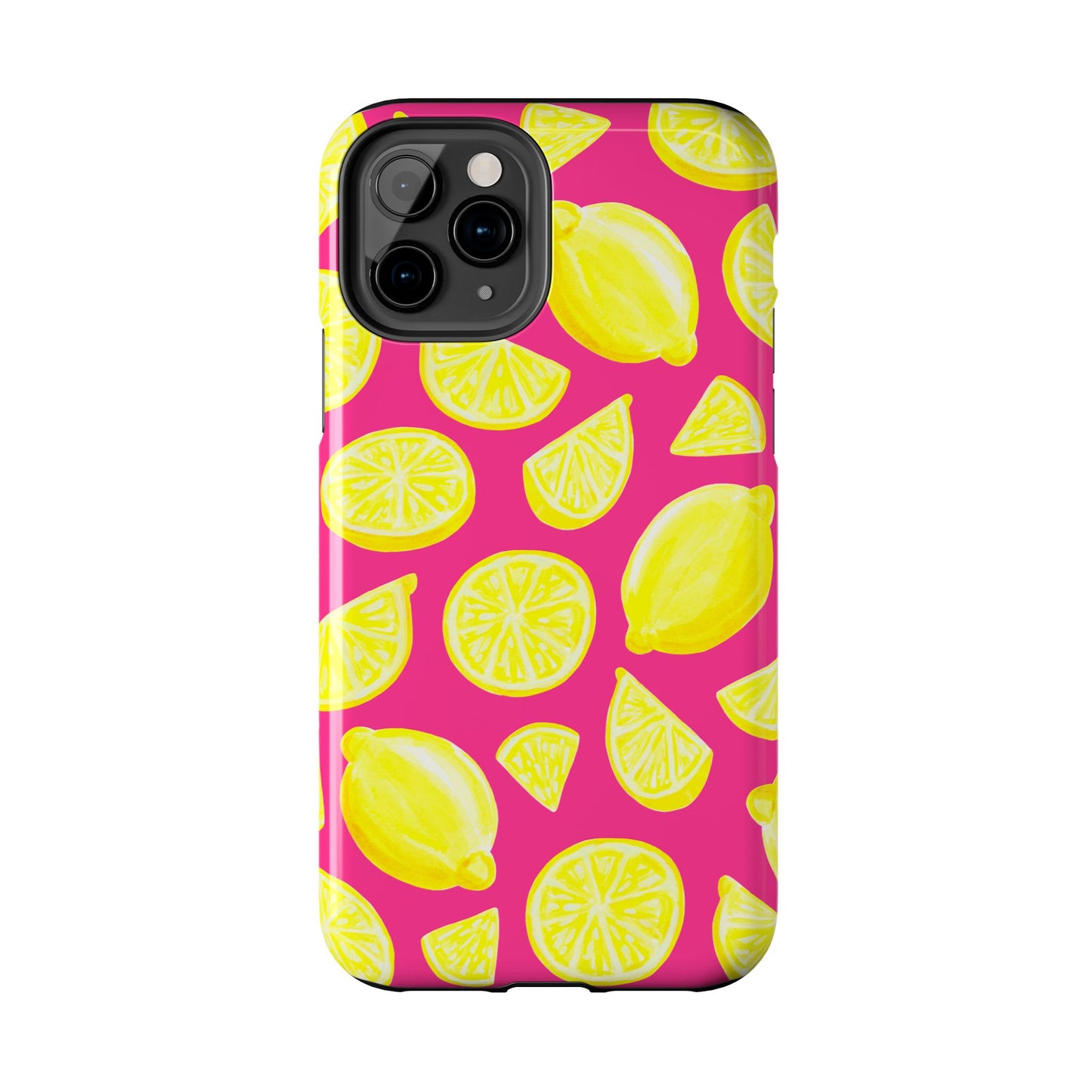 Bright Yellow Lemons Watercolor Illustrated Tossed Pattern Watermelon Pink Tough Phone Case | Various Models