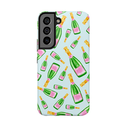 Tossed Pink and Green Watercolor Illustrated Champagne Bottles Pattern Light Blue Tough Phone Case | Various Models