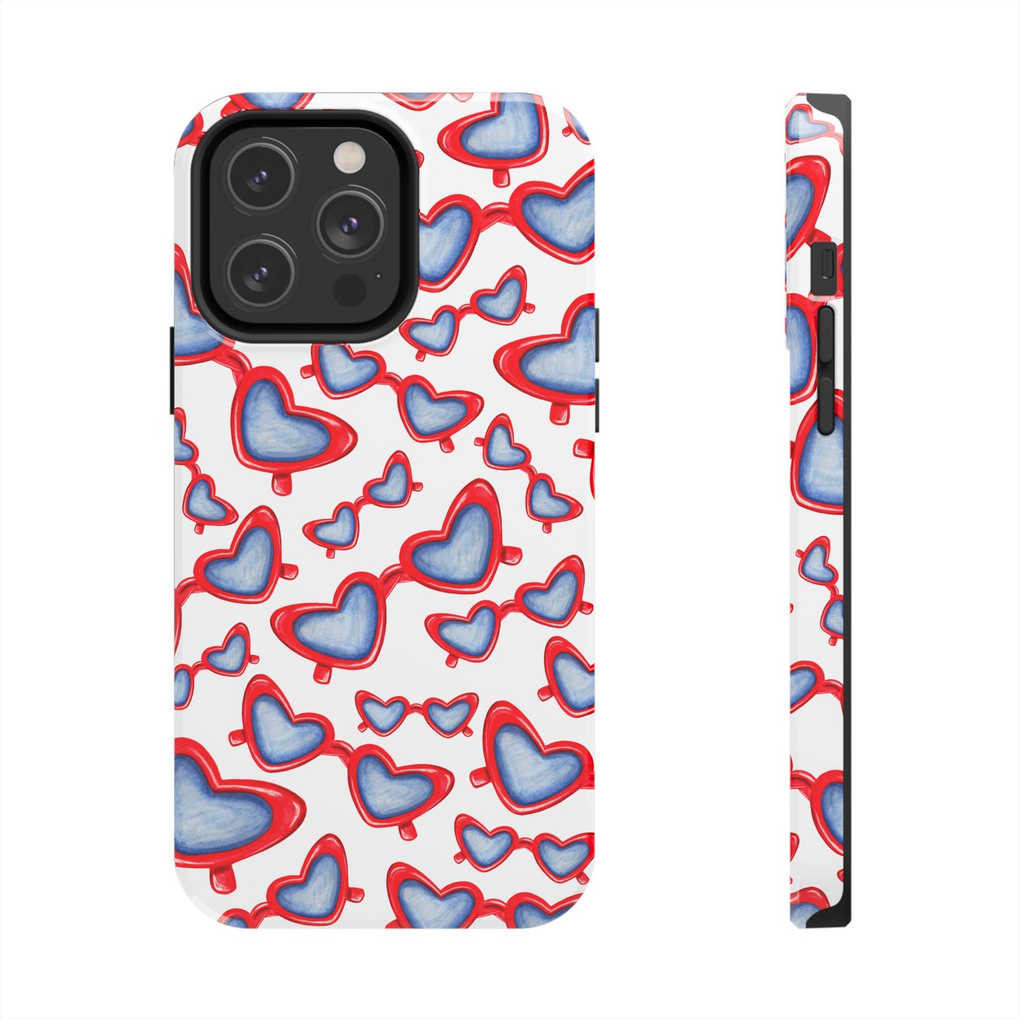 Red, White, & Blue Heart Shaped Watercolor Sunglasses Tossed Pattern Tough Phone Cases iPhone 14 Pro Max