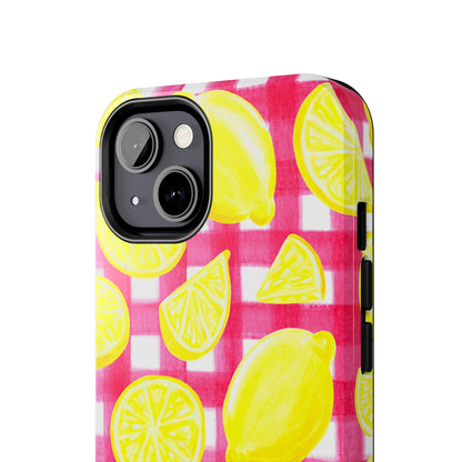 Yellow Lemons & Hot Pink Gingham Watercolor Illustrated Tough Phone Case | Various Models Available