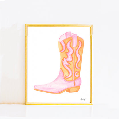 Print | Watercolor Pink & Orange Cowboy Boot