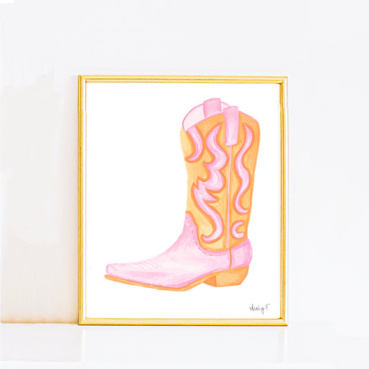 Print | Pink & Orange Cowboy Boot | Cowgirl Art | Dorm Decor | Southern | Preppy | Western | Coastal Cowgirl | Pink and Orange Wall Art