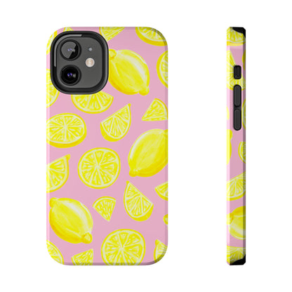 Bright Yellow Lemons Watercolor Illustrated Tossed Pattern Light Pink Tough Phone Case | Various Models