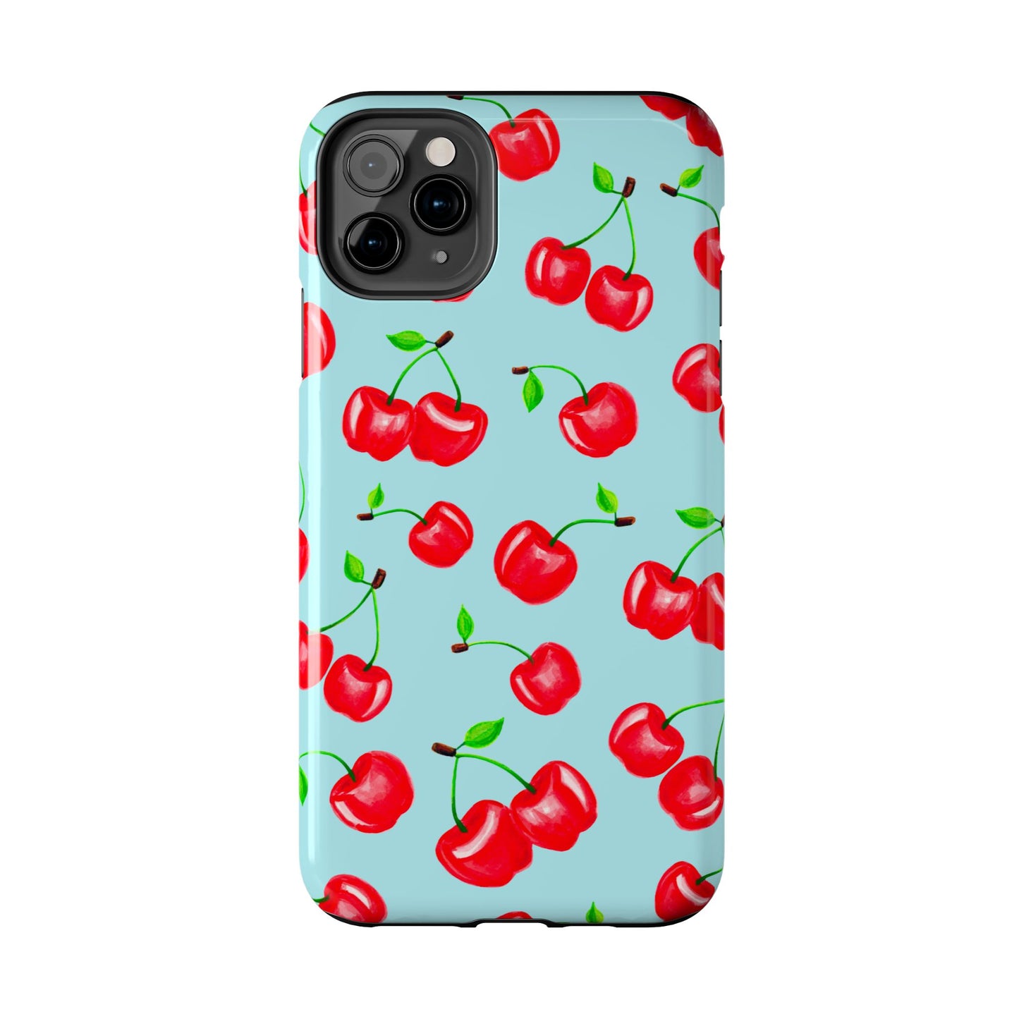 Tossed Red Watercolor Cherries Illustrated Pattern Bright Blue Tough Phone Case | Various Models