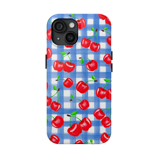 Tossed Red Watercolor Illustrated Cherries Light Blue Gingham Tough Phone Case | Various Models iPhone 15