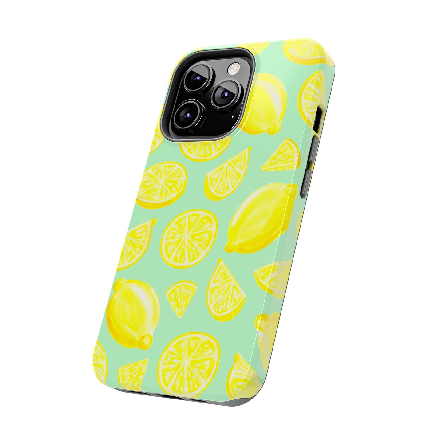 Bright Yellow Lemons Watercolor Illustrated Tossed Pattern Mint Green Tough Phone Case | Various Models