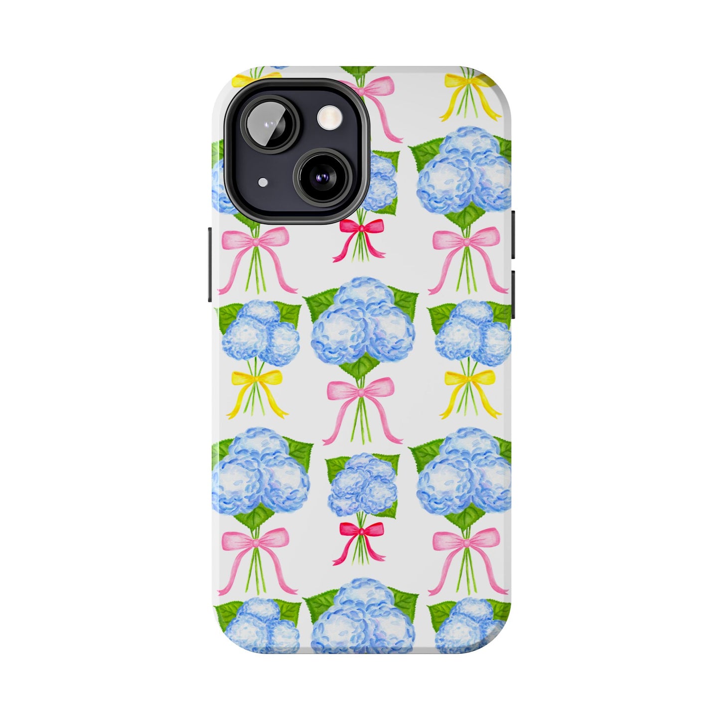Blue Hydrangeas with Hot Pink, Yellow, Light Pink Bows Watercolor Illustrated Patterned Tough Phone Case | Various Models