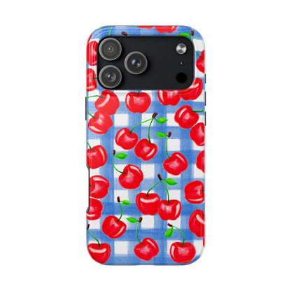 Tossed Red Cherries Blue Gingham Checkered Watercolor Illustrated Tough Phone Case | Various Models