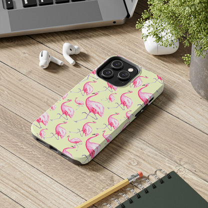 Pink Flamingos Watercolor Illustrated Tossed Pattern Yellow Phone Case | Various Models