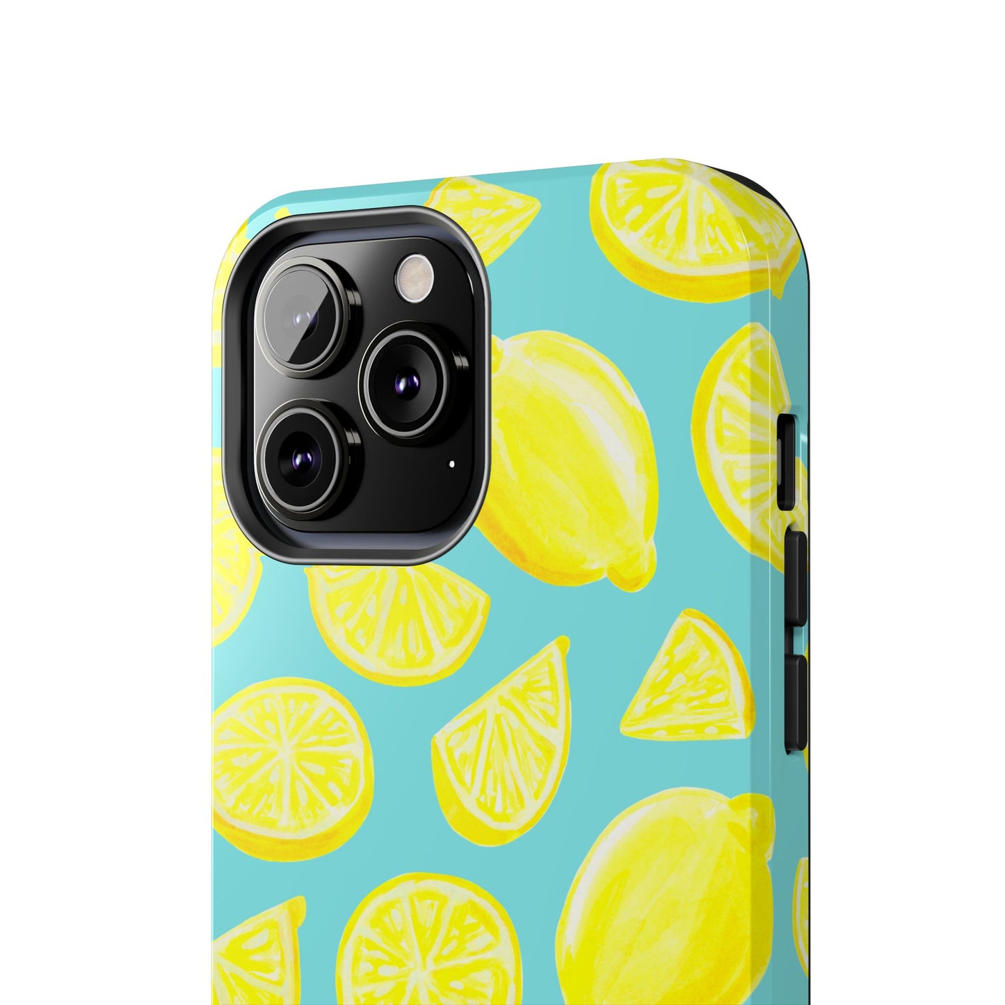 Bright Yellow Lemons Watercolor Illustrated Tossed Pattern Turquoise Blue Tough Phone Case | Various Models