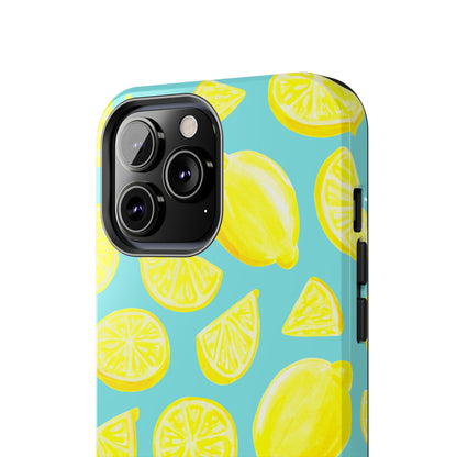 Bright Yellow Lemons Watercolor Illustrated Tossed Pattern Turquoise Blue Tough Phone Case | Various Models