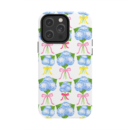 Blue Hydrangeas with Hot Pink, Yellow, Light Pink Bows Watercolor Illustrated Patterned Tough Phone Case | Various Models