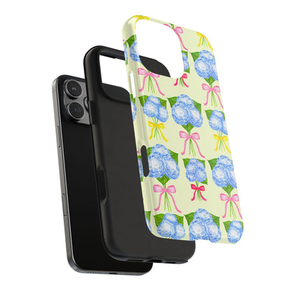 Blue Hydrangeas with Hot Pink, Yellow, Light Pink Bows Watercolor Illustrated Patterned Light Yellow Tough Phone Case | Various Models