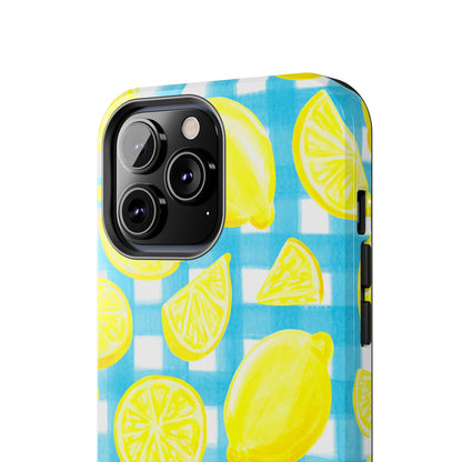 Yellow Lemons & Turquoise Gingham Watercolor Illustrated Tough Phone Case | Various Models Available