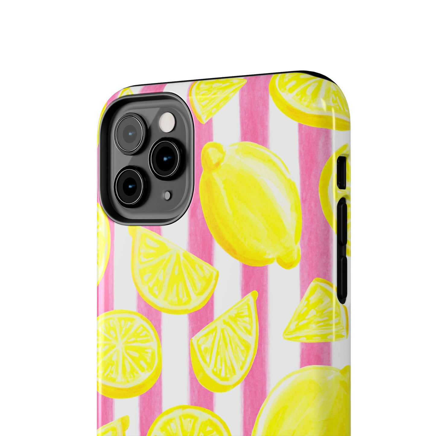 Pink Lemonade Yellow Lemons with Pink & White Watercolor Stripes Tough Phone Case