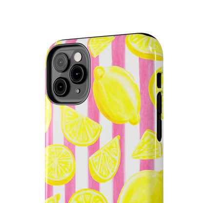 Pink Lemonade Yellow Lemons with Pink & White Watercolor Stripes Tough Phone Case