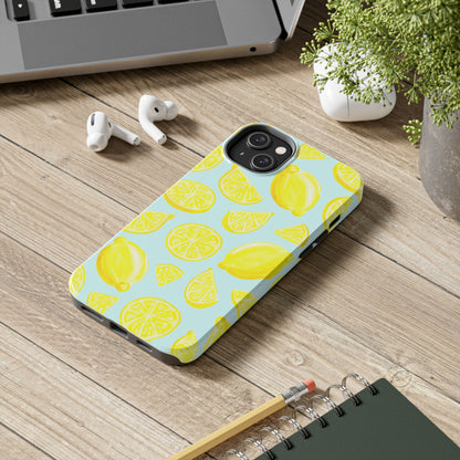 Bright Yellow Lemons Watercolor Illustrated Tossed Pattern Light Blue Tough Phone Case | Various Models