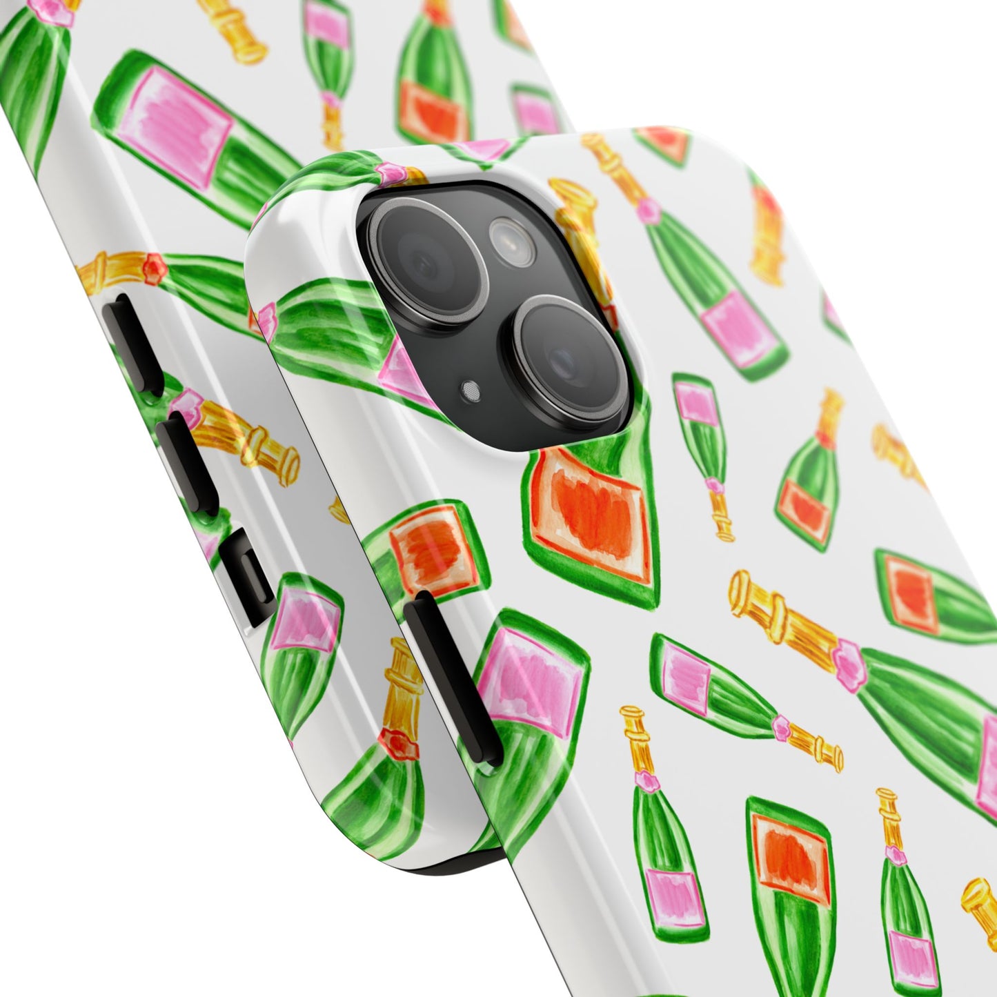 Tossed Pink and Green & Orange and Green Watercolor Illustrated Champagne Bottles Pattern Tough Phone Case | Various Models