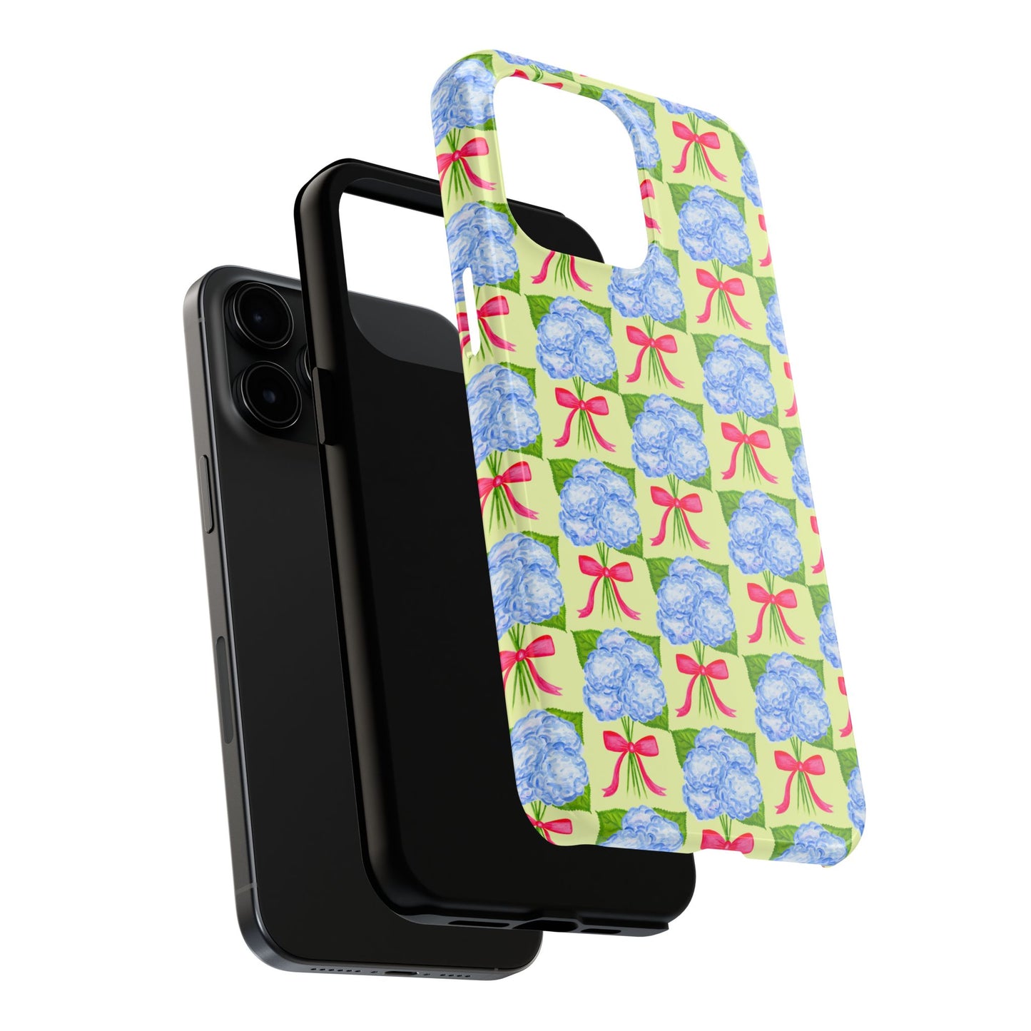 Blue Watercolor Hydrangea Bouquets with Hot Pink Bows Illustrated Patterned Yellow Preppy Grand Millenial Tough Phone Case | Various Models