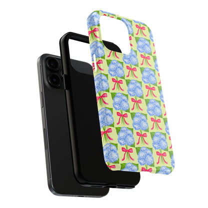 Blue Watercolor Hydrangea Bouquets with Hot Pink Bows Illustrated Patterned Yellow Preppy Grand Millenial Tough Phone Case | Various Models