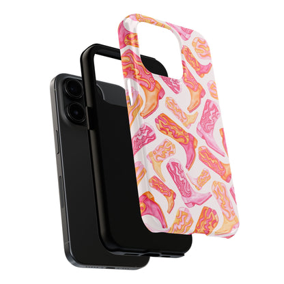 Tossed Hot Pink & Orange Watercolor Cowboy Boots Tough Light Pink Phone Case | Various Models Available