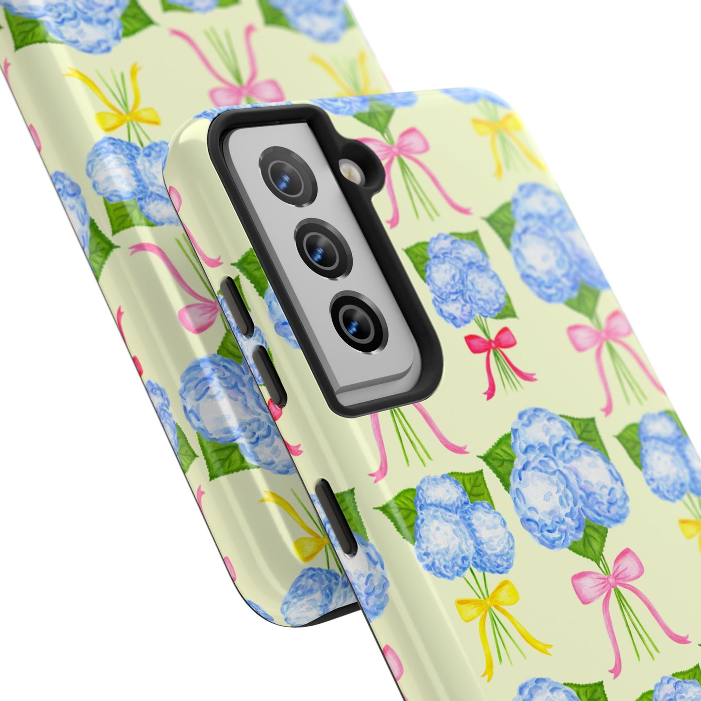 Blue Hydrangeas with Hot Pink, Yellow, Light Pink Bows Watercolor Illustrated Patterned Light Yellow Tough Phone Case | Various Models