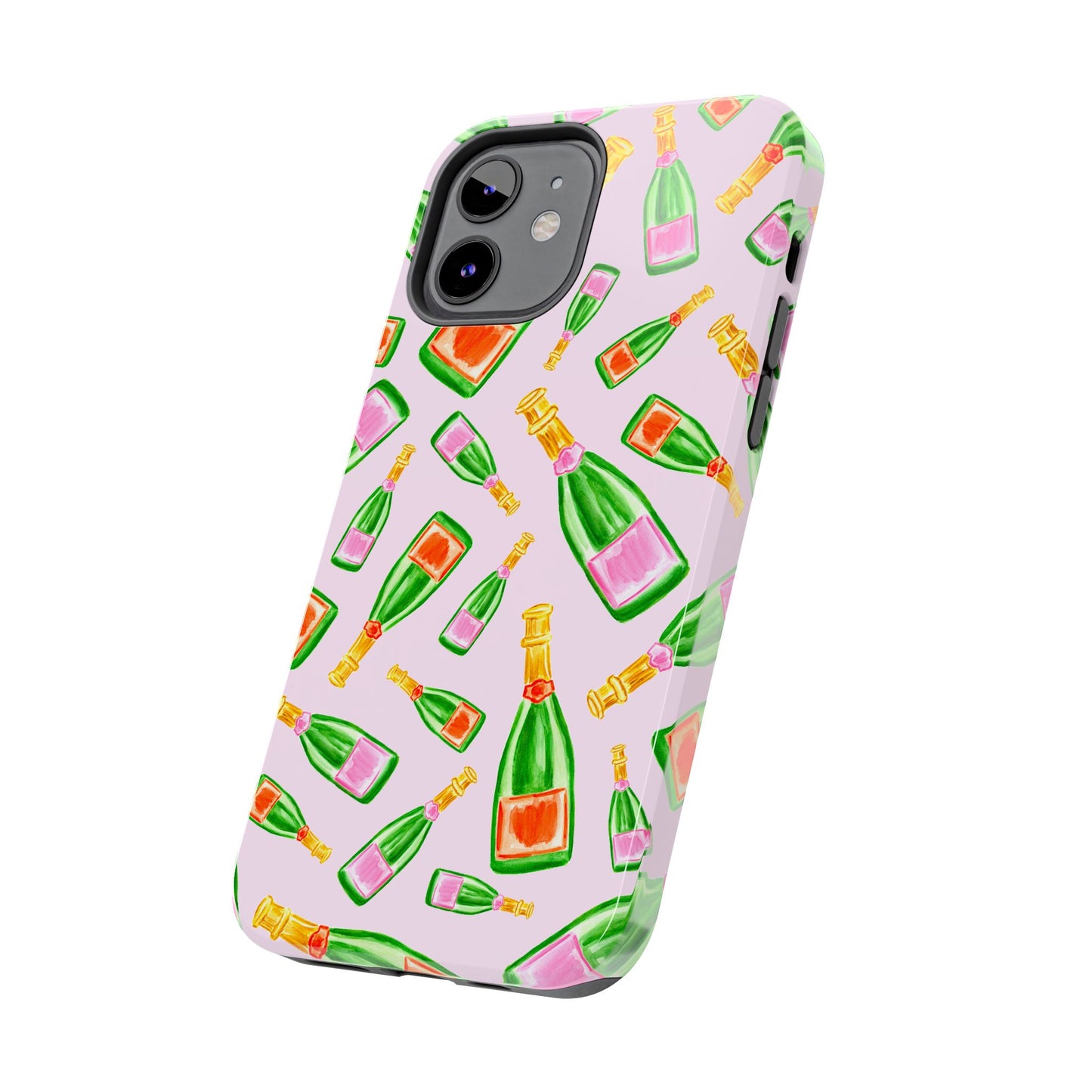 Tossed Pink and Green & Orange and Green Watercolor Illustrated Champagne Bottles Pattern Blush Pink Tough Phone Case | Various Models