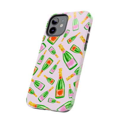 Tossed Pink and Green & Orange and Green Watercolor Illustrated Champagne Bottles Pattern Blush Pink Tough Phone Case | Various Models