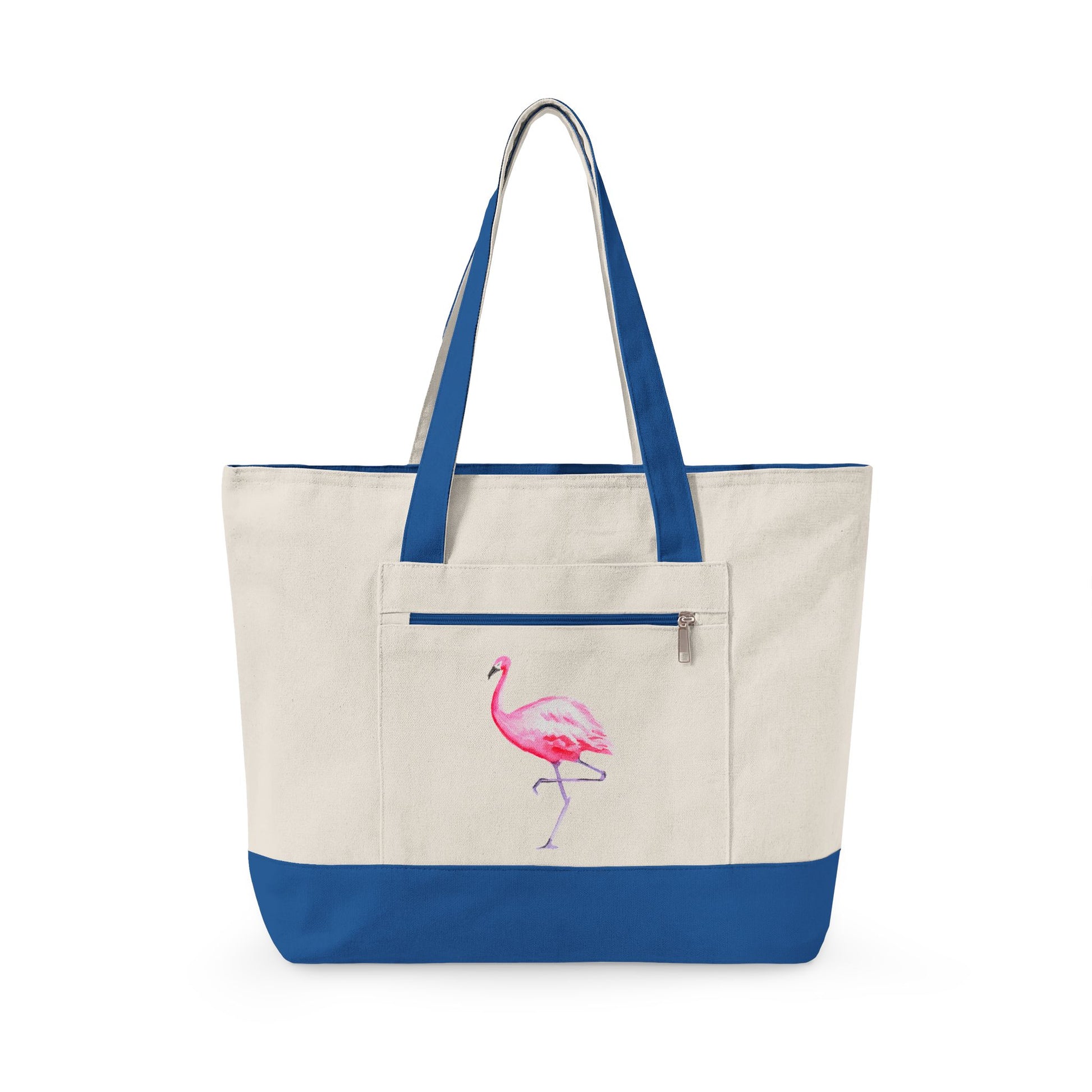 Hot Pink Flamingo Watercolor Printed Zipper Canvas Beach Tote 18" x 14" | Various Colors
