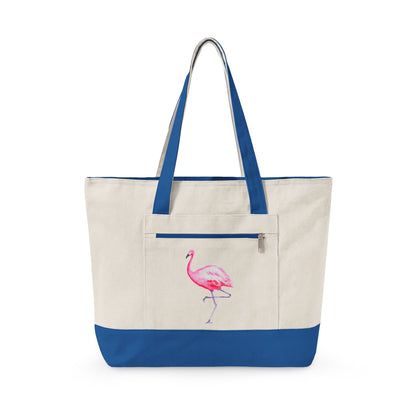 Hot Pink Flamingo Watercolor Printed Zipper Canvas Beach Tote 18" x 14" | Various Colors