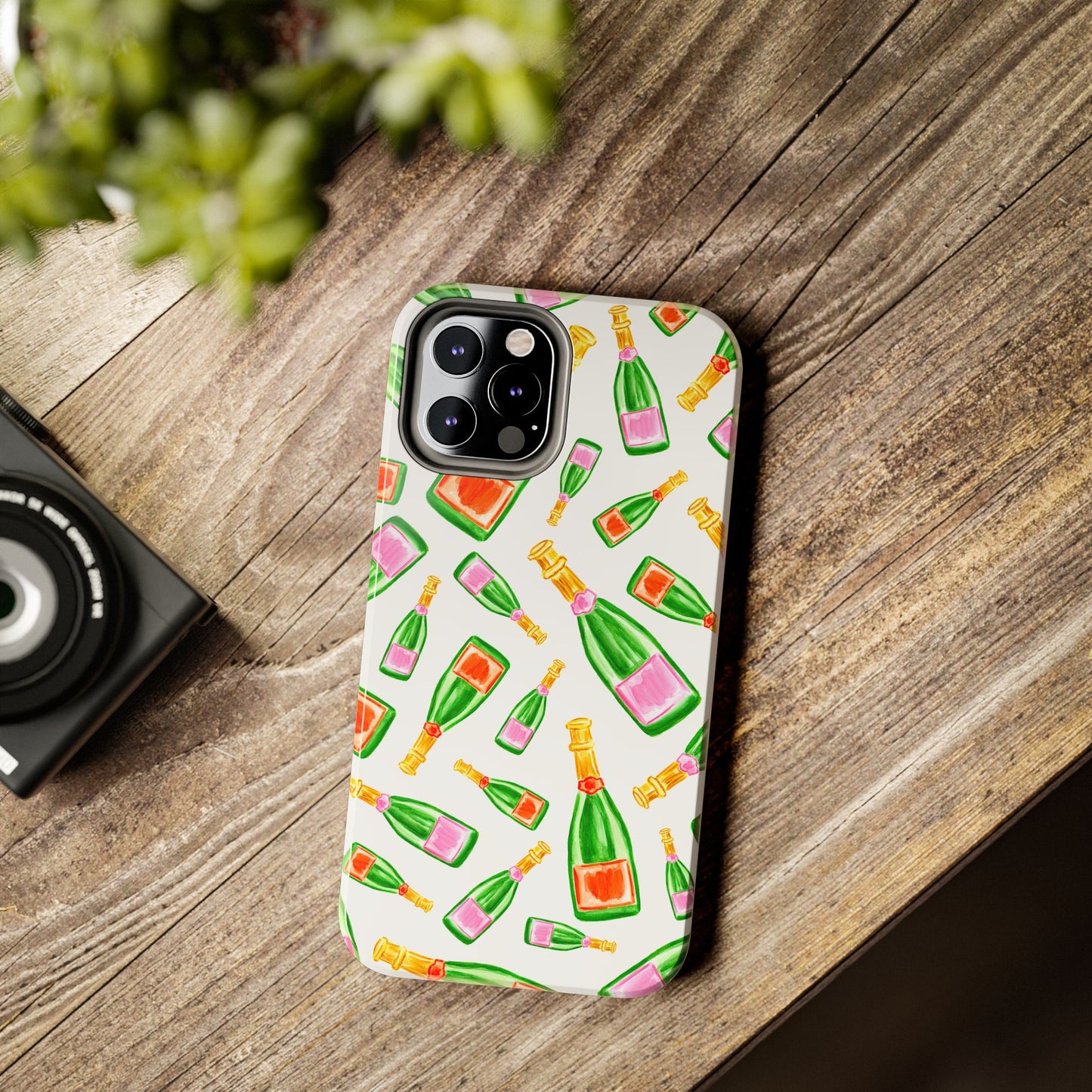 Tossed Pink and Green & Orange and Green Watercolor Illustrated Champagne Bottles Pattern Tough Phone Case | Various Models