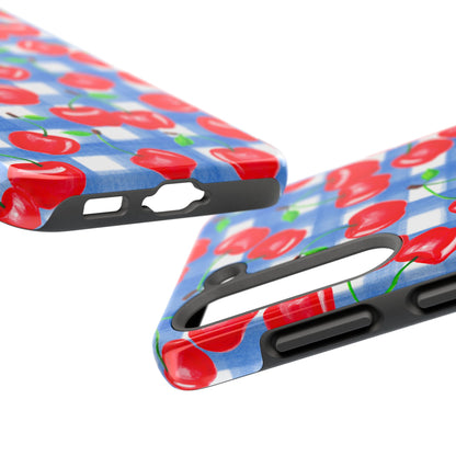 Tossed Red Cherries Blue Gingham Checkered Watercolor Illustrated Tough Phone Case | Various Models