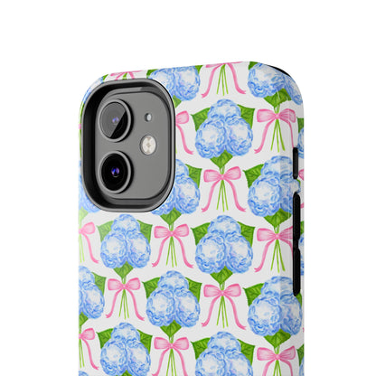 Blue Watercolor Hydrangea Bouqets with Light Pink Bows Watercolor Illustrated Patterned Tough Phone Case | Various Models