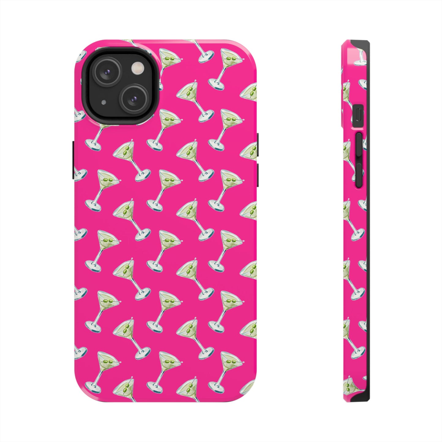 Hot Pink Mini Martini Watercolor Illustrated Tossed Pattern Tough Phone Case | Various Models Available iPhone 14 Plus