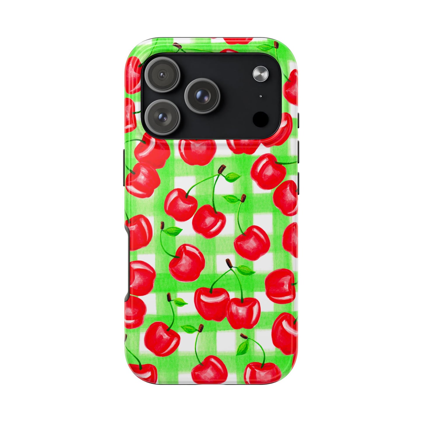 Red Tossed Cherries Green Gingham Watercolor Illustrated Tough Phone Case | Various Models Available