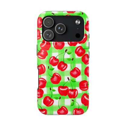 Red Tossed Cherries Green Gingham Watercolor Illustrated Tough Phone Case | Various Models Available